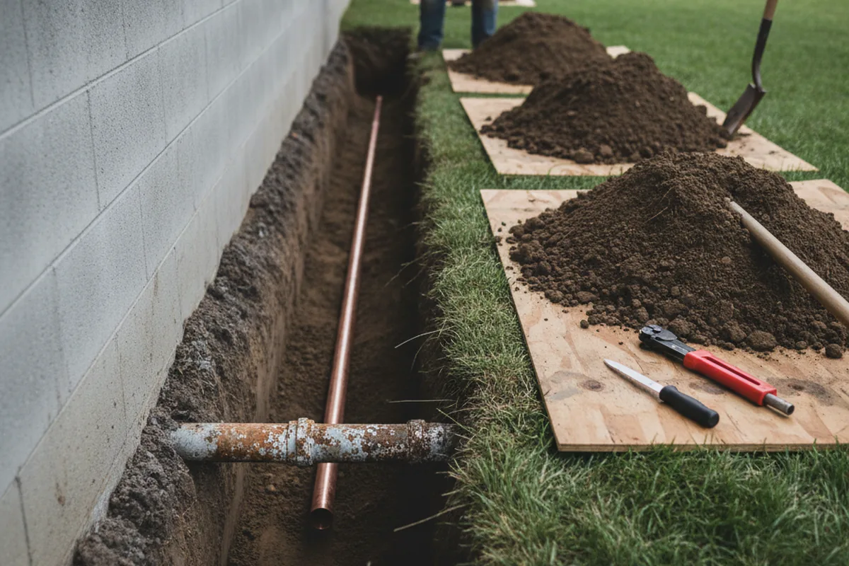 Excavated water line trench during Water Heater Repair in Ramsey